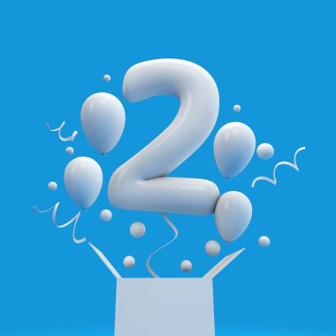 Mutlu 2nd doğum günü sürpriz balon ve kutusu. 3D render