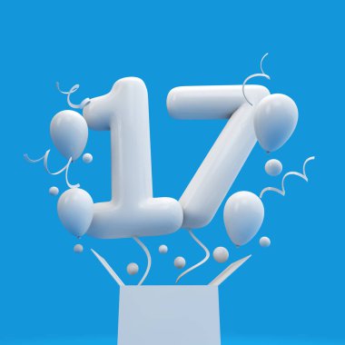 Mutlu 17 doğum günü sürpriz balon ve kutusu. 3D render