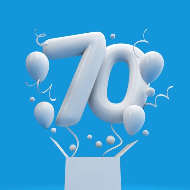 Mutlu 70 doğum günü sürpriz balon ve kutusu. 3D render