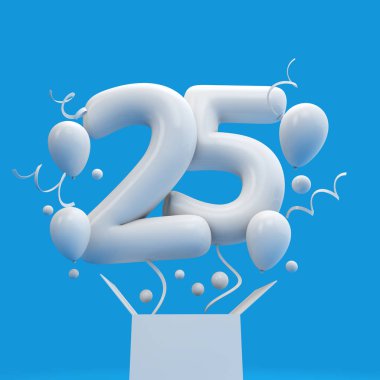 Mutlu 25 doğum günü sürpriz balon ve kutusu. 3D render