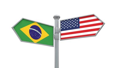 Brezilya ve Amerika bayrağı farklı yönde hareket. 3D render