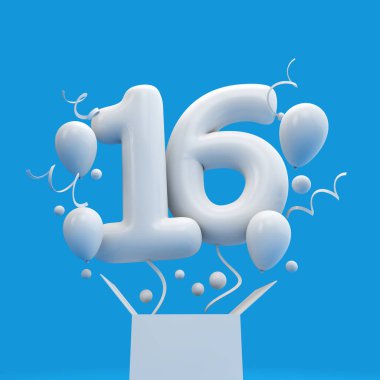 Mutlu 16 doğum günü sürpriz balon ve kutusu. 3D render