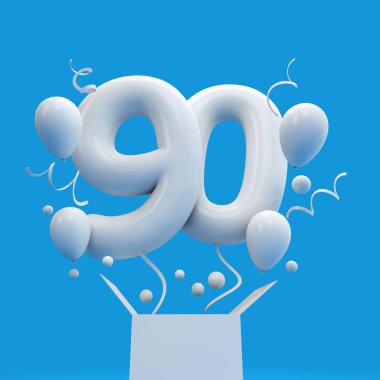 Mutlu 90'ıncı doğum günü sürpriz balon ve kutusu. 3D render