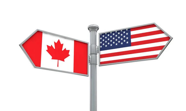 Kanada a Amerika vlajka ubírá jiným směrem. 3D vykreslování — Stock fotografie