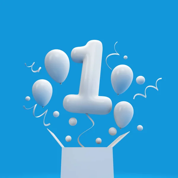 Mutlu 1 doğum günü sürpriz balon ve kutusu. 3D render — Stok fotoğraf