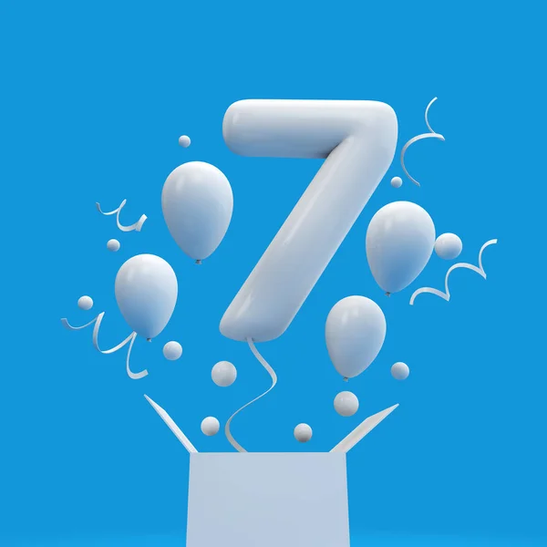 Gelukkig 7de Verjaardag verrassing ballon en vak. 3D-rendering — Stockfoto