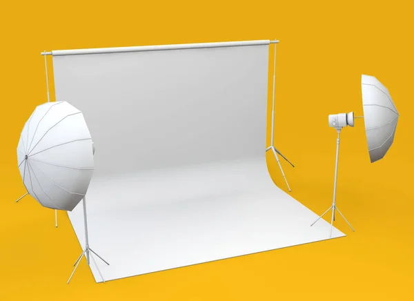 Estúdio de fotografia vazio com rolo de papel e luzes. Renderização 3D — Fotografia de Stock