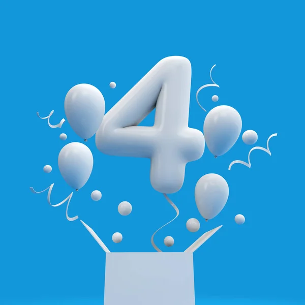 Happy 4. Geburtstag Überraschungsballon und Schachtel. 3D-Darstellung — Stockfoto