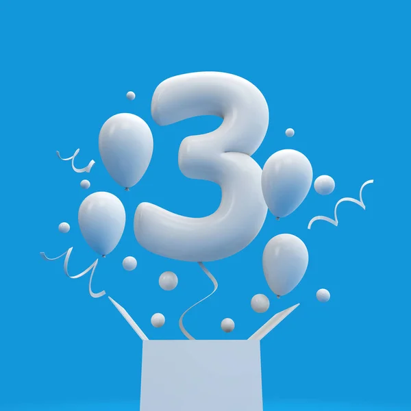Feliz terceiro aniversário surpresa balão e caixa. Renderização 3D — Fotografia de Stock