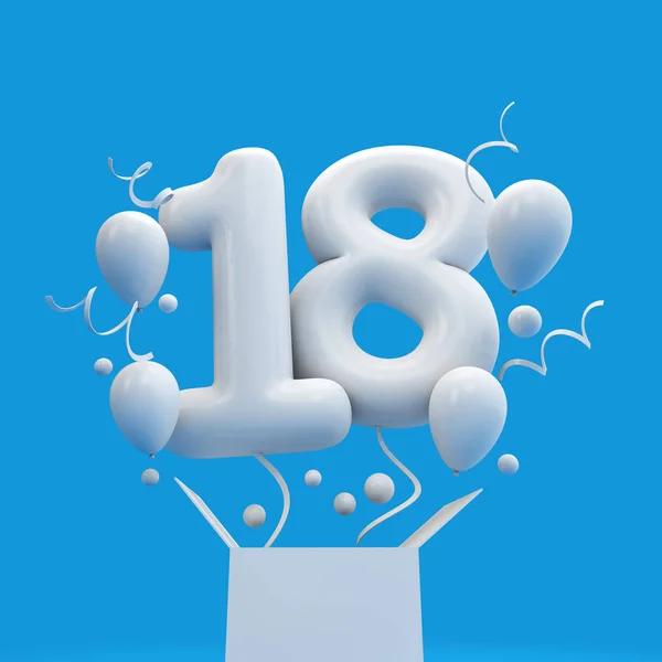 Joyeux 18e anniversaire surprise ballon et boîte. Rendu 3D — Photo