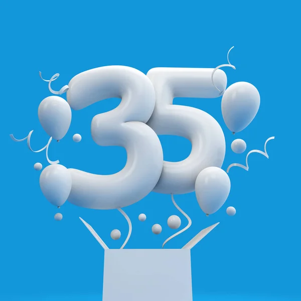 Buon 35esimo compleanno palloncino a sorpresa e scatola. Rendering 3D — Foto Stock