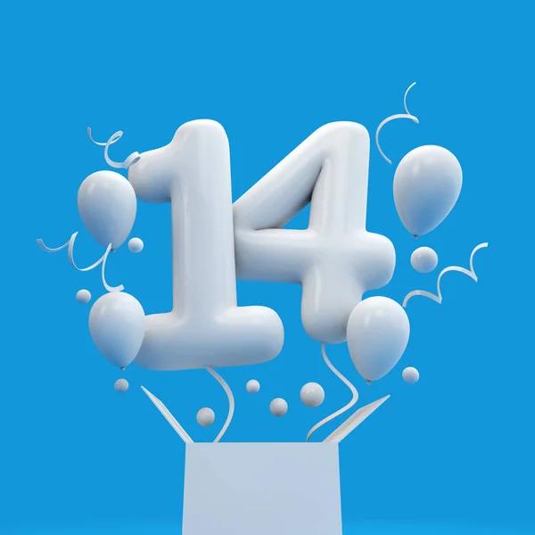 Mutlu 14 doğum günü sürpriz balon ve kutusu. 3D render — Stok fotoğraf