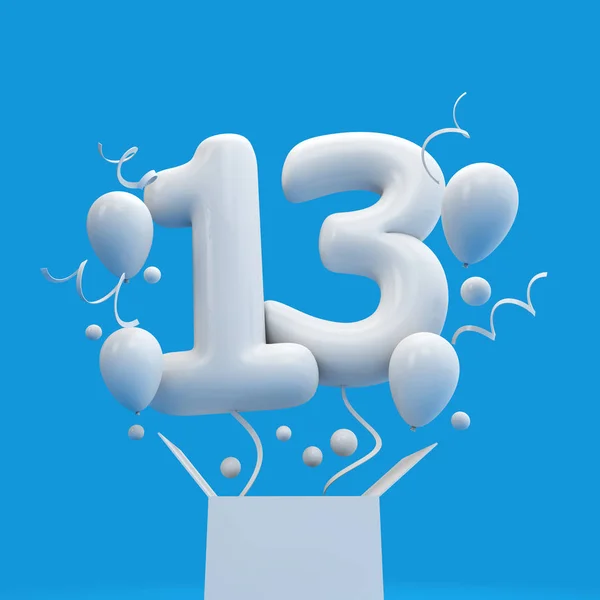 Glad 13 födelsedag överraskning ballong och box. 3D-rendering — Stockfoto