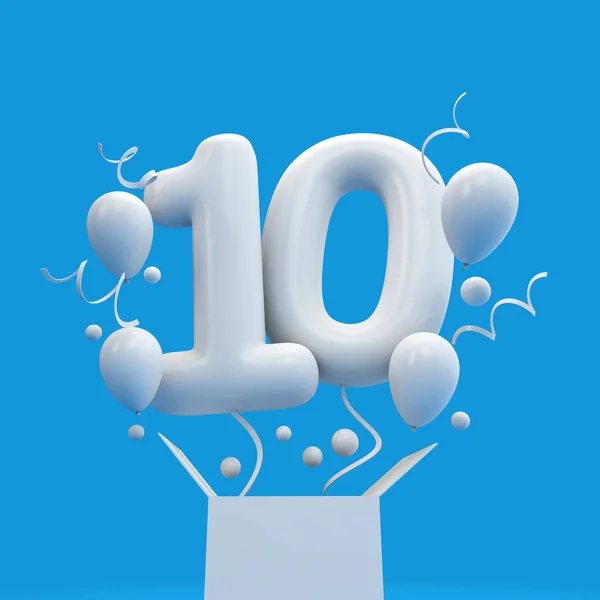 Ευτυχισμένος 10α γενέθλια έκπληξη μπαλόνι και κουτί. 3D rendering — Φωτογραφία Αρχείου