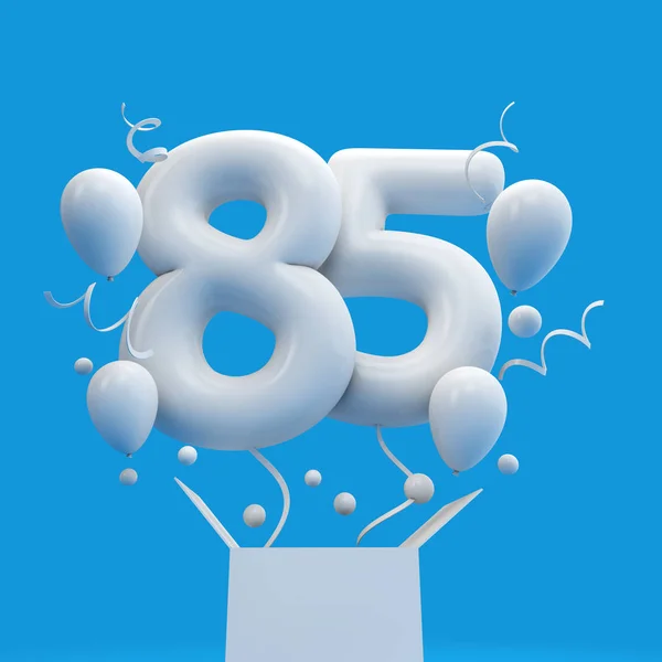 Happy 85th birthday surprise balloon and box. 3D Rendering — Stock Photo, Image