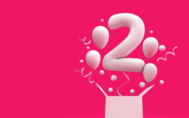 Mutlu 2nd doğum günü sürpriz balon ve kutusu. 3D render