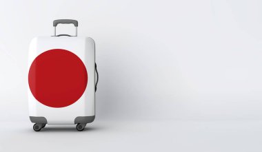 Japonya bayrağı ile seyahat bavul. Tatil beldesi. 3D render