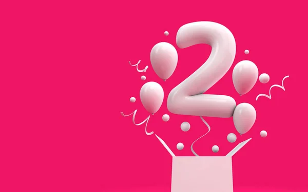 Happy 2nd birthday surprise balloon and box. 3D Rendering — Stock Photo, Image