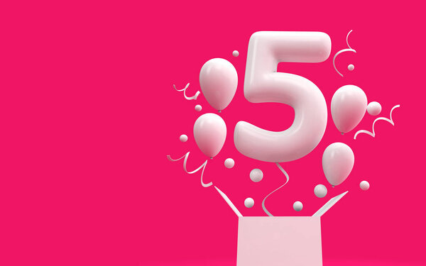 Поздравляем с пятым днем рождения воздушный шар и коробку. 3D рендеринг
