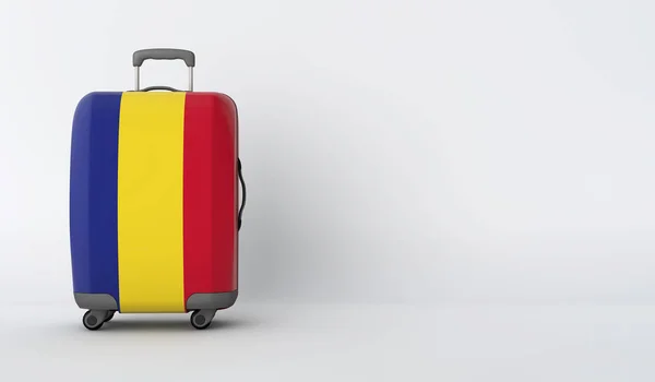 Valigia da viaggio con la bandiera di Romania. Destinazione turistica. Render 3D — Foto Stock