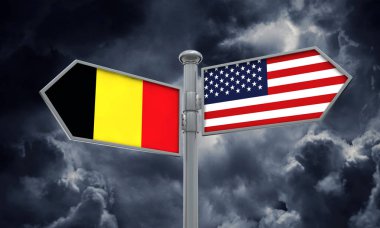 Belçika ve Amerika bayrağı farklı yönde hareket. 3D render