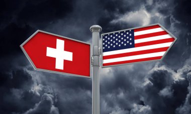 İsviçre ve Amerika bayrağı farklı yönde hareket. 3D render