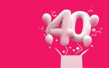 Mutlu 40 doğum günü sürpriz balon ve kutusu. 3D render