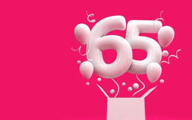 Mutlu 65 doğum günü sürpriz balon ve kutusu. 3D render