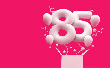 Mutlu 85 doğum günü sürpriz balon ve kutusu. 3D render