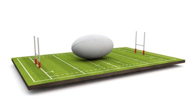 Ragbi sahası ile top ve kaleler. 3D render