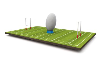 Ragbi sahası ile top ve kaleler. 3D render