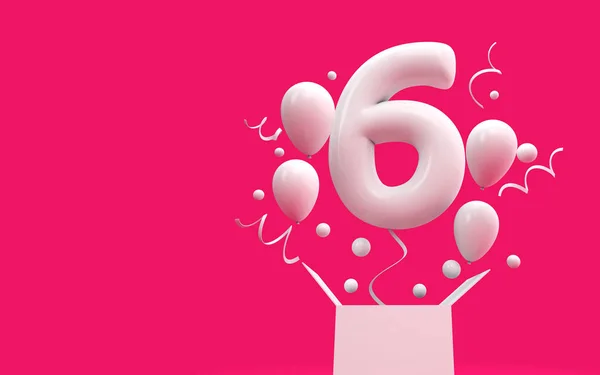 Szczęśliwy 6 urodziny niespodziankę balon i pole. renderowania 3D — Zdjęcie stockowe