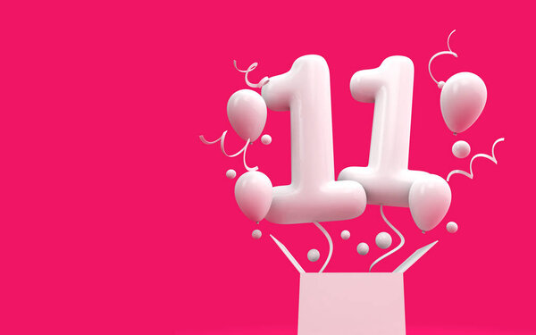 Счастливого 11-го дня рождения сюрприз воздушный шар и коробка. 3D рендеринг
