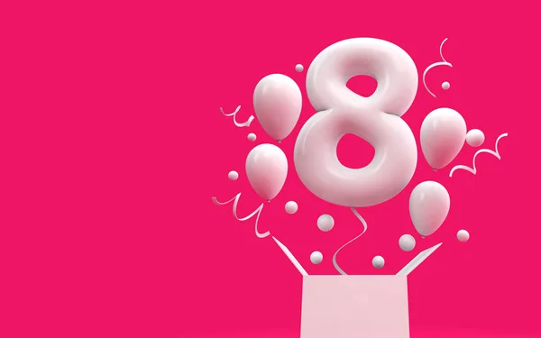快乐8岁生日惊喜气球和盒子。3d 渲染 — 图库照片