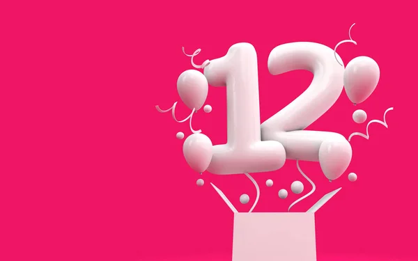 Gelukkig 12e verjaardag verrassing ballon en vak. 3D-rendering — Stockfoto