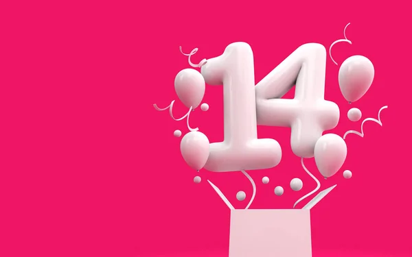 Šťastný, 14. narozeniny překvapení balón a box. 3D vykreslování — Stock fotografie