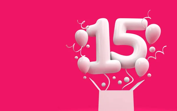Happy 15 narozeniny překvapení balón a box. 3D vykreslování — Stock fotografie
