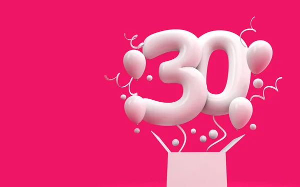 Ευτυχισμένος 30ων γενεθλίων έκπληξη μπαλόνι και κουτί. 3D rendering — Φωτογραφία Αρχείου