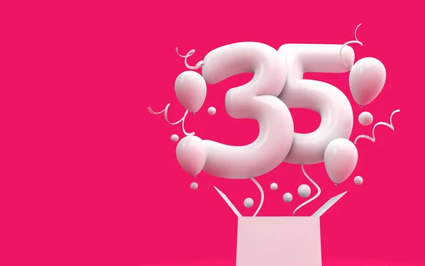 Happy 35 narozeniny překvapení balón a box. 3D vykreslování — Stock fotografie