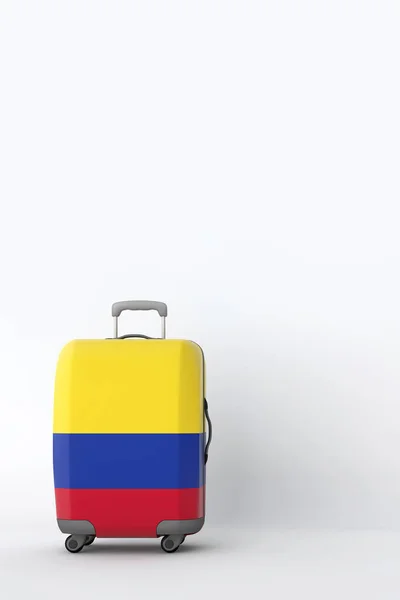 Podróży walizka z flaga Kolumbii. Miejsce na wakacje. 3D render — Zdjęcie stockowe