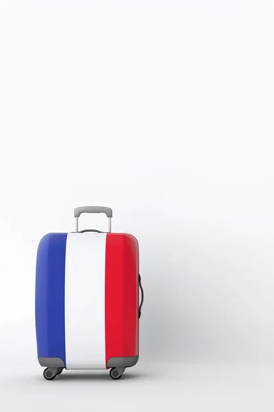 Podróży walizka z banderą Francji. Miejsce na wakacje. 3D render — Zdjęcie stockowe