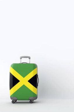 Jamaika bayrağı ile seyahat bavul. Tatil beldesi. 3D render