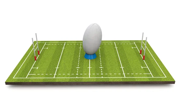 Rugby planen med bollen och målstolparna. 3D render — Stockfoto