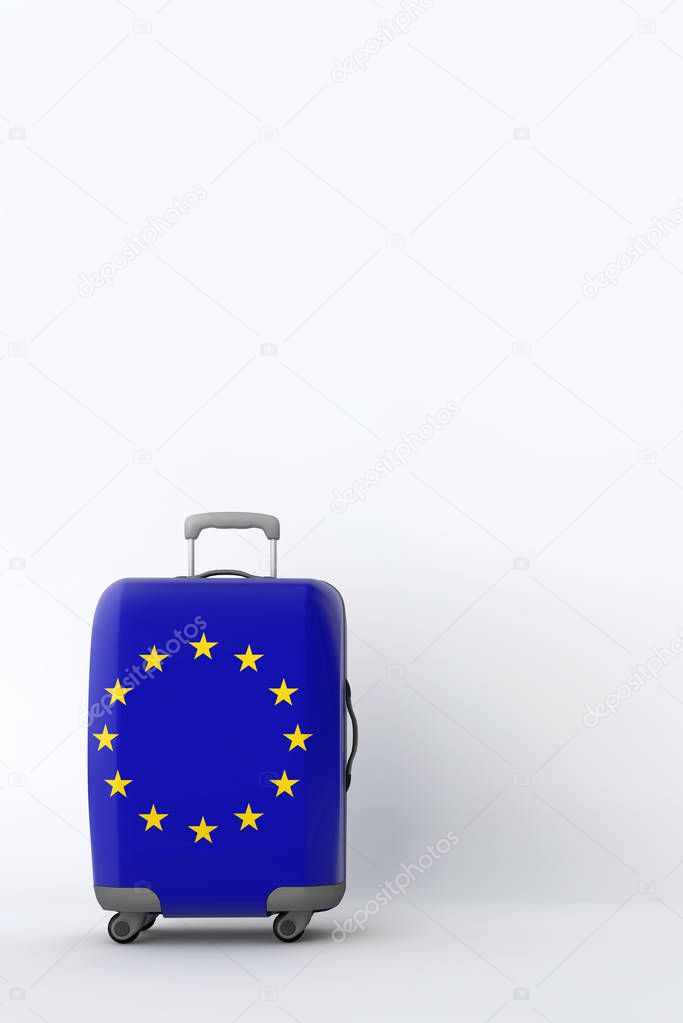 Travel suitcase with the flag of Europe. Holiday destination. 3D Render
