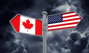 Farklı yönde hareket Kanada ve Amerika'da bayrak. 3D render