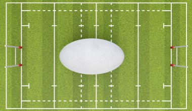 Ragbi sahası ile top ve kaleler. 3D render