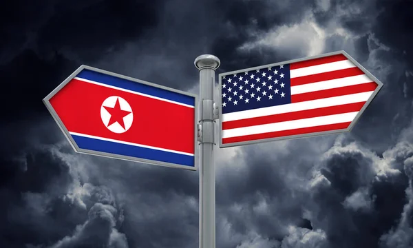 Bandera de Corea del Norte y América moviéndose en dirección diferente. Renderizado 3D —  Fotos de Stock