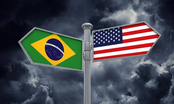 ธงบราซิลและอเมริกาเคลื่อนที่ไปในทิศทางที่แตกต่างกัน การแสดงผล 3 มิติ — ภาพถ่ายสต็อก