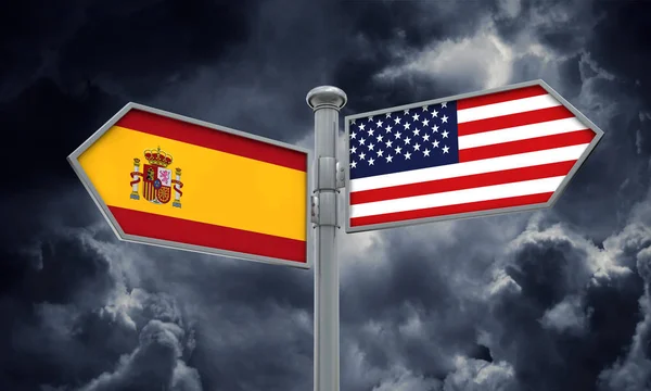 스페인과 미국 플래그 다른 방향으로 이동입니다. 3 차원 렌더링 — 스톡 사진