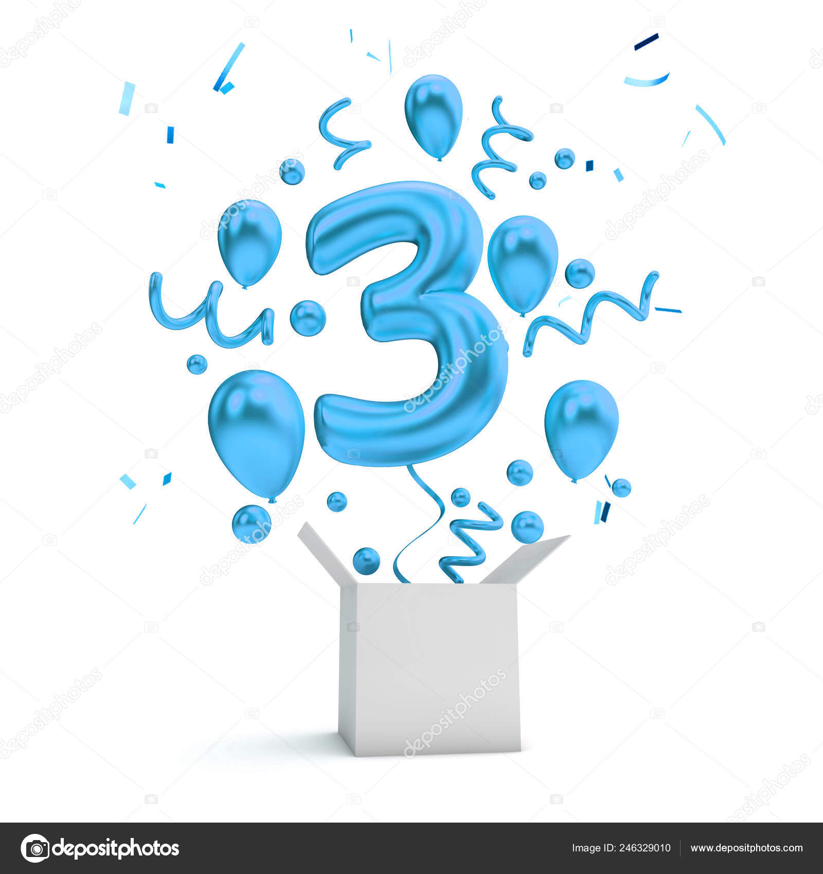Happy 3rd Birthday Blue Surprise Balloon And Box 3d Rendering